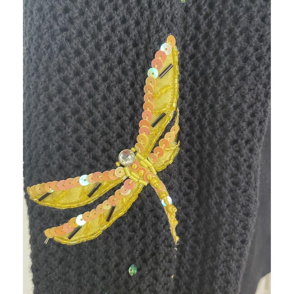 DESIGN OPTIONS Philip‎ & Jane Gordon Black Cardigan Sweater Sequin Dragonfly VTG - Picture 5 of 12